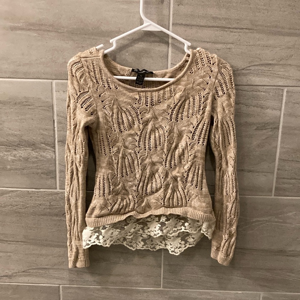 Tan INC sweater with lace trim